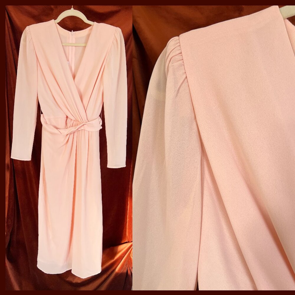✨🎀 Vintage Miss Elliott Adele Pale Peach Pink Chiffon Wrap Bodice Dress - M 🎀✨